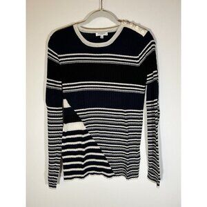 Equipment blue black striped wool ribbed sweater L designer stretch preppy